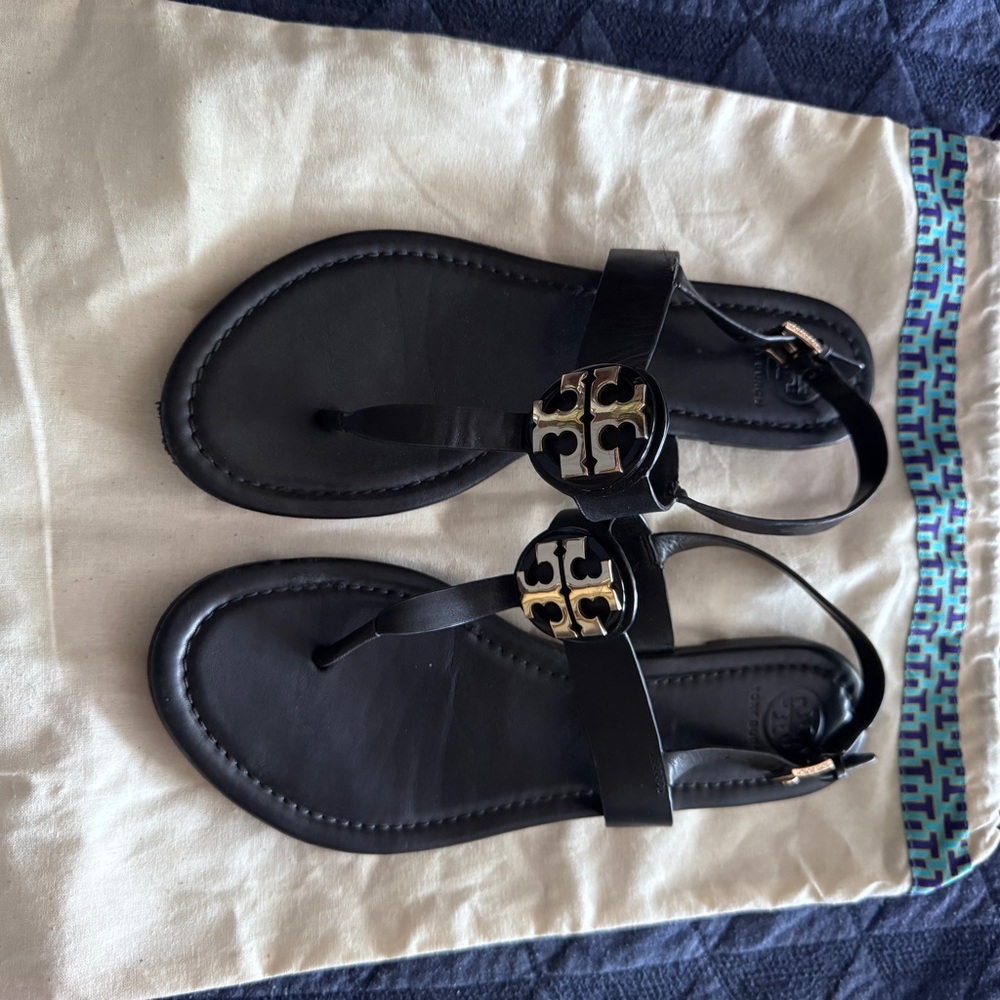 Tory Burch Bryce Black Sandals with Gold Accent